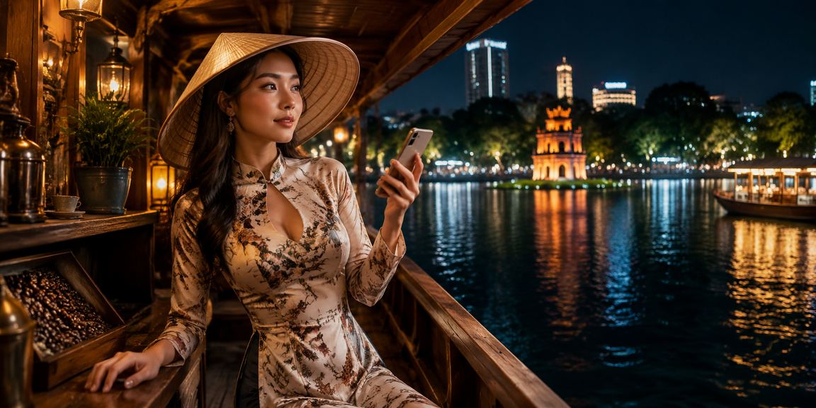 Người phụ nữ đội nón lá tại Hà Nội truy cập casino và kiểm tra điểm VIP trên điện thoại